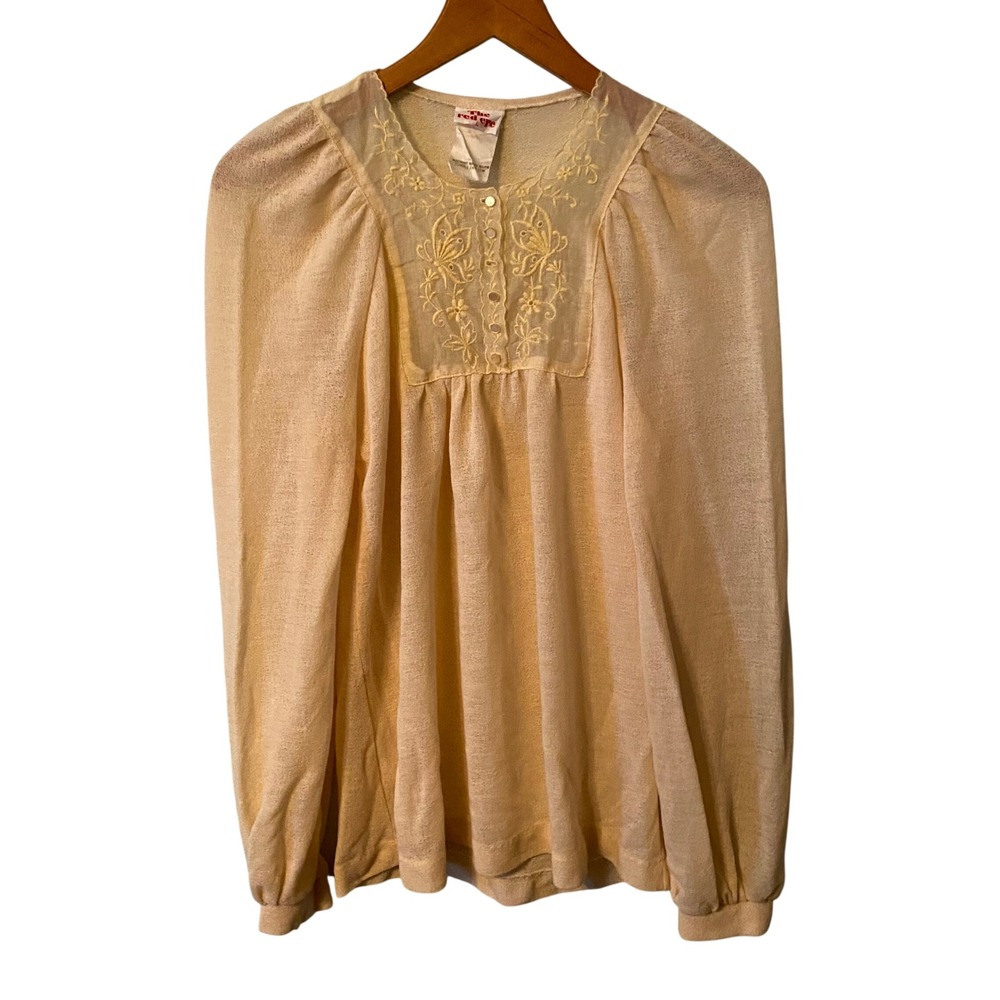VTG The Red Eye Cream Embroidered Sheer Yoke Peasant‎ Blouse Top L